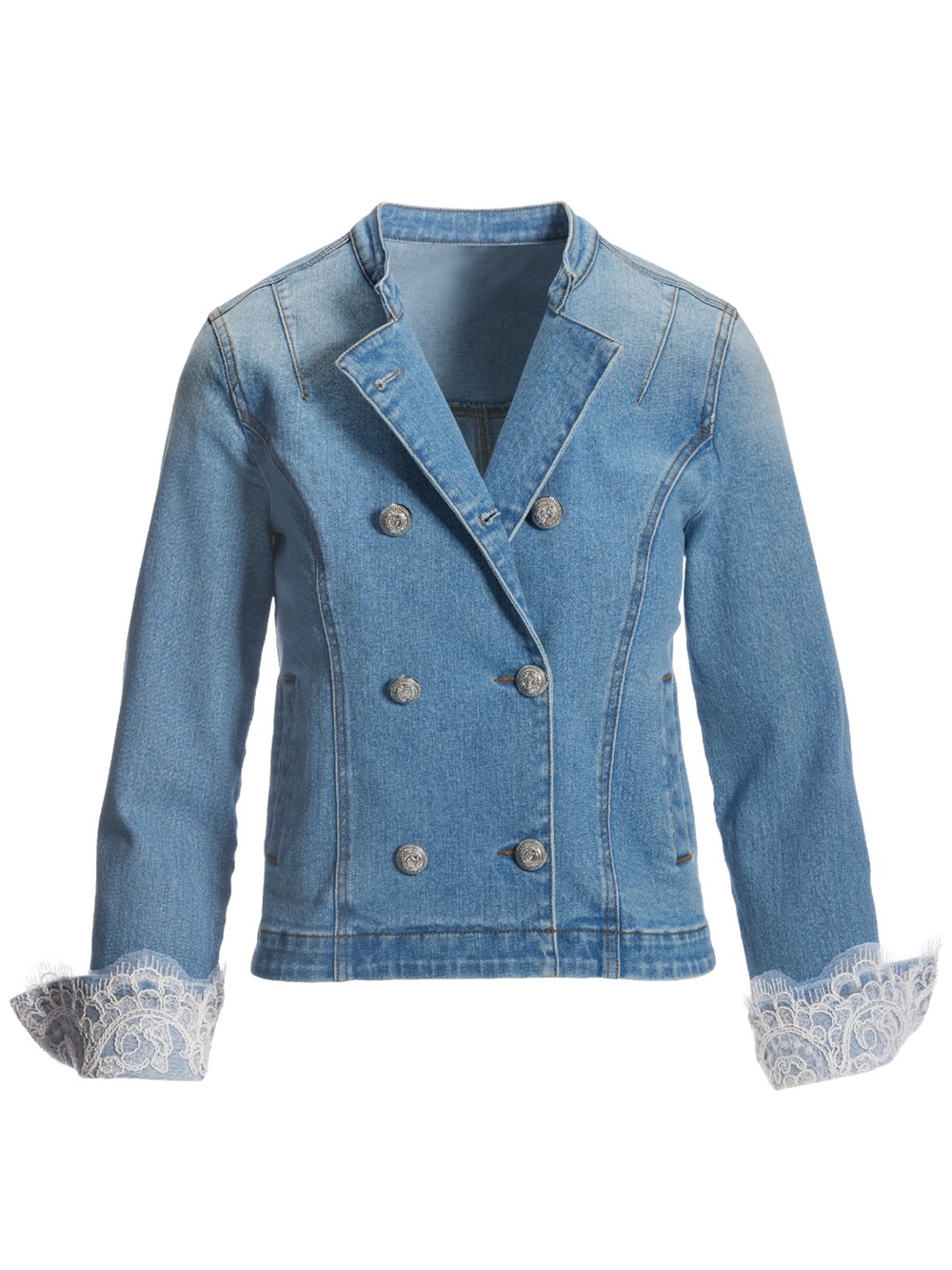 Boston Proper Light Blue Denim Double-Breasted Jean Jacket with Lace Cuffs - Picture 2 of 13